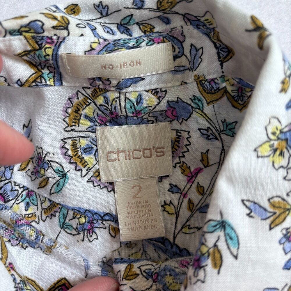 Chico's Linen Paisley Button Down Shirt Women's 2 Large 3/4 Sleeve No Iron - Picture 4 of 9